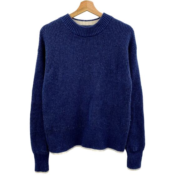 Faherty blue gray trim wool waffle knit sweater